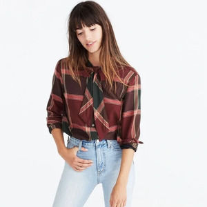 Madewell Tie-Neck Plaid Blouse